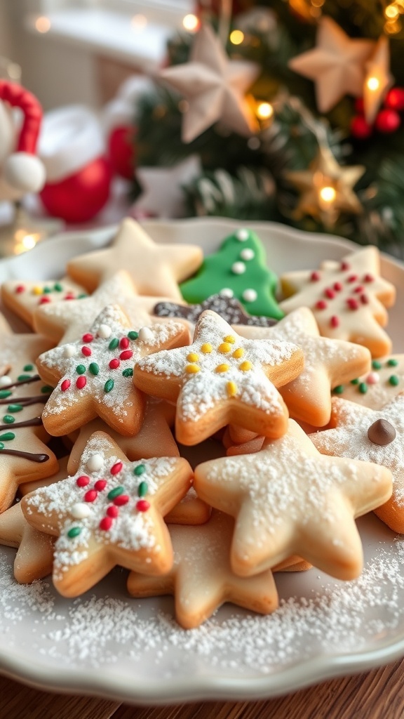 A plate of assorted dairy-free Christmas cookies in festive shapes, decorated with sprinkles and set in a holiday-themed setting.